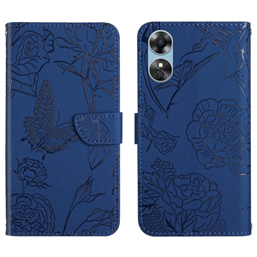 

For OPPO A17 HT03 Skin Feel Butterfly Embossed Flip Leather Phone Case(Blue)