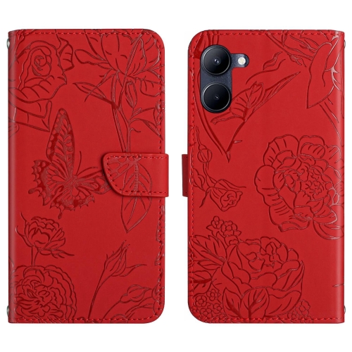 

For Realme C33 HT03 Skin Feel Butterfly Embossed Flip Leather Phone Case(Red)