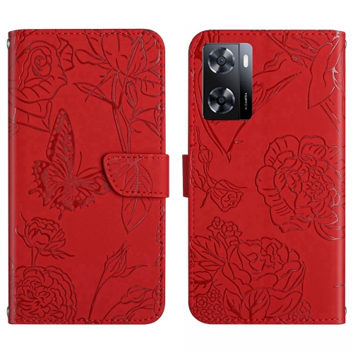 For OnePlus Nord N300 HT03 Skin Feel Butterfly Embossed Flip Leather Phone Case(Red)