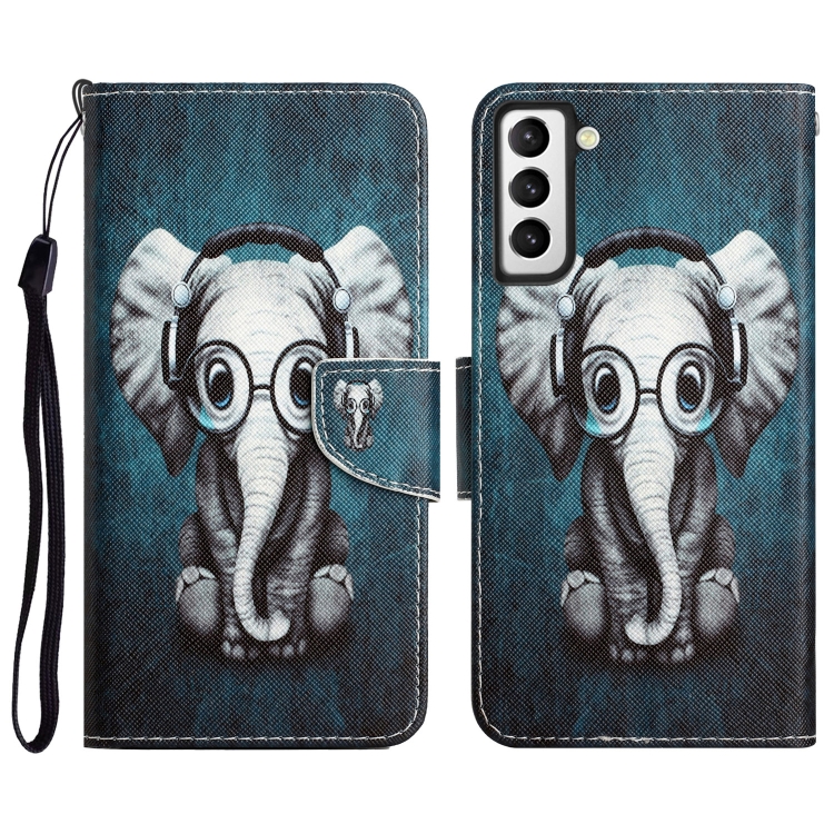 

For Samsung Galaxy S23 5G Colored Drawing Leather Phone Case(Earphone Elephant)