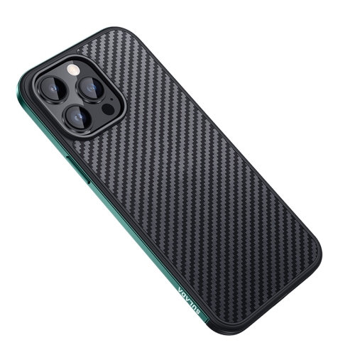 

For iPhone 14 Pro Max SULADA Carbon Fiber Textured Shockproof Metal + TPU Frame Case(Dark Green)