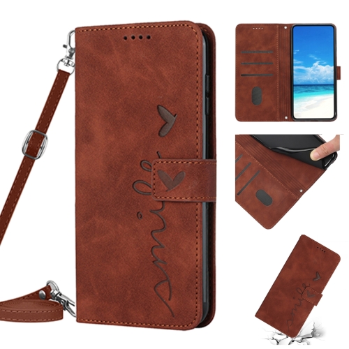 

For Samsung Galaxy A14 5G Skin Feel Heart Pattern Leather Phone Case With Lanyard(Brown)