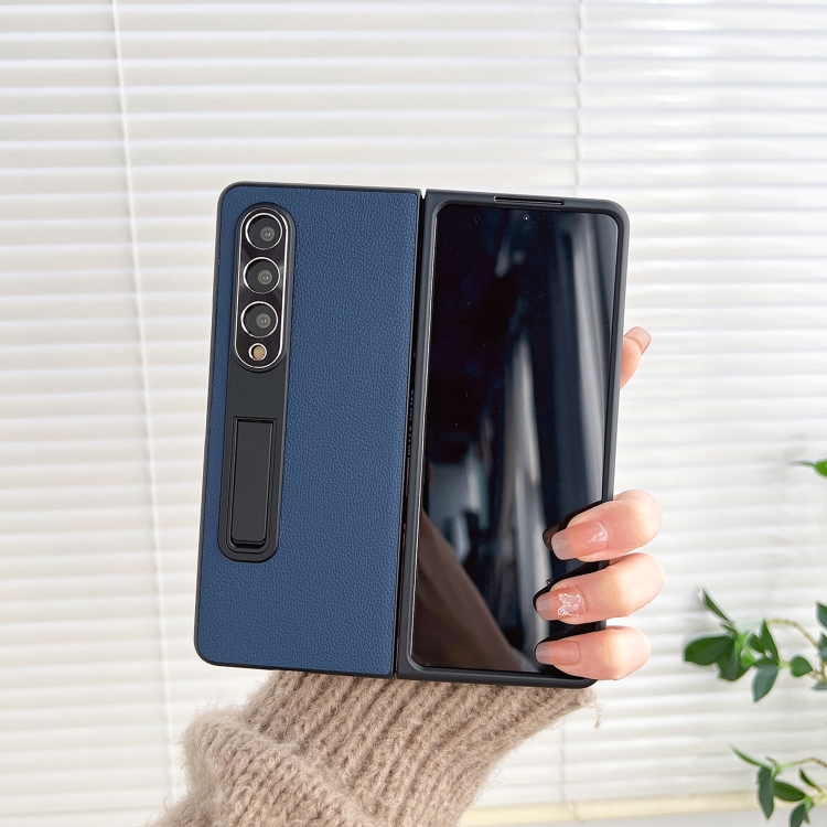 

For Samsung Galaxy Z Fold4 Litchi Texture Metal Stand Folding Phone Case(Dark Blue)