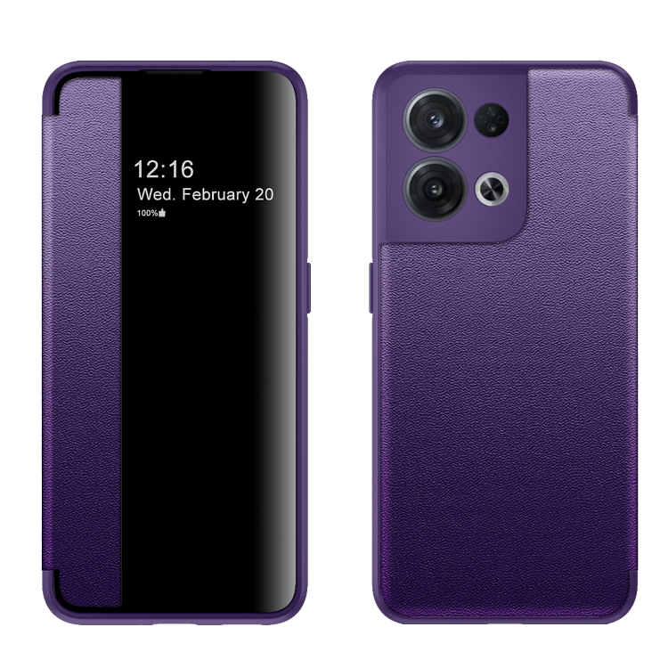 

For OPPO Reno8 Pro Magnetic Side Window View Flip Leather Phone Case(Purple)