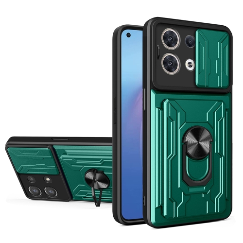 

For OPPO Reno8 5G Sliding Camshield TPU+PC Phone Case with Card Slot(Dark Green)