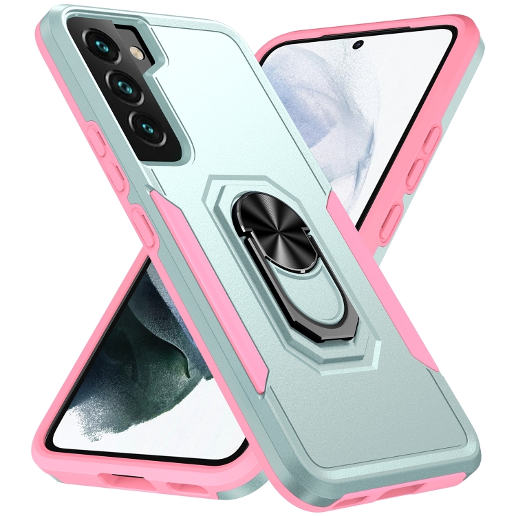 

For Samsung Galaxy S23+ 5G Pioneer Armor PC + TPU Holder Phone Case(Green + Pink)