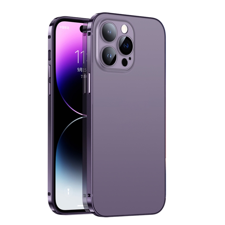 

For iPhone 14 Pro Max 2 in 1 Metal Frame Frosted Phone Case with Lens Film(Transparent Purple)