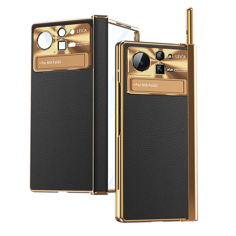 

For Xiaomi Mix Fold 2 Plain Leather Double Hinged Folding Phone Case with Stylus(Gold+Black)