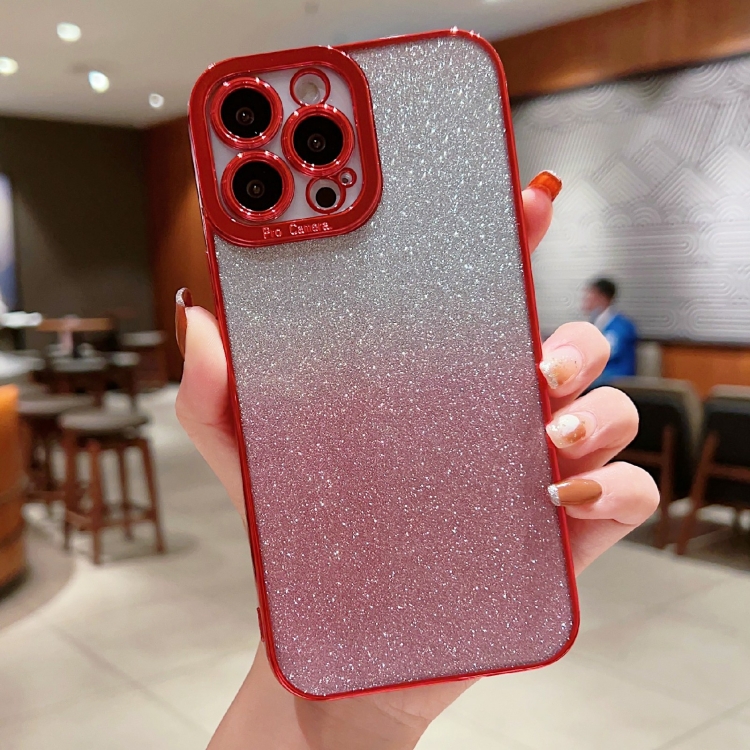 

For iPhone 12 Pro High Transparent Gradient Color Glitter TPU Phone Case(Red)