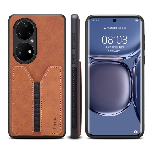 For Huawei P50 Pro Denior DV Elastic Card PU Back Cover Phone Case(Brown)