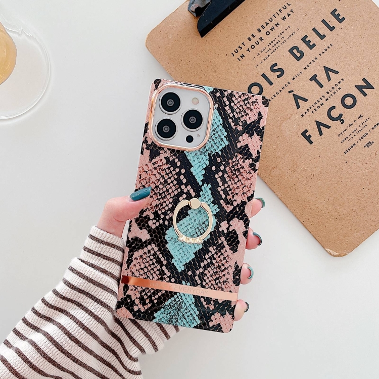 

For iPhone 14 Pro Max Ring Holder Square Plating Gold Edge Phone Case(Blue Python)