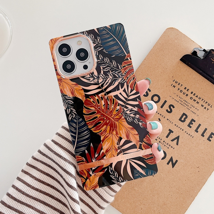 

For iPhone 14 Square Plating Gold Edge Phone Case(Leaf)