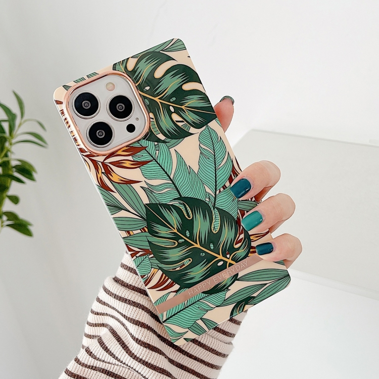 

For iPhone 14 Plus Square Plating Gold Edge Phone Case(Green Leaf)