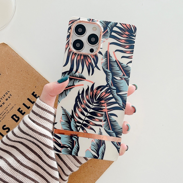 

For iPhone 14 Pro Square Plating Gold Edge Phone Case(Blue Leaf)
