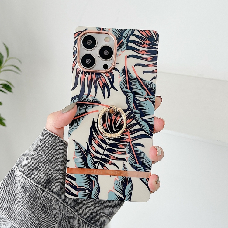 

For iPhone 14 Pro Ring Holder Square Plating Gold Edge Phone Case(Blue Leaf)