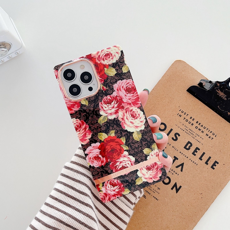 

For iPhone 14 Plus Square Plating Gold Edge Phone Case(Black Background Rose)