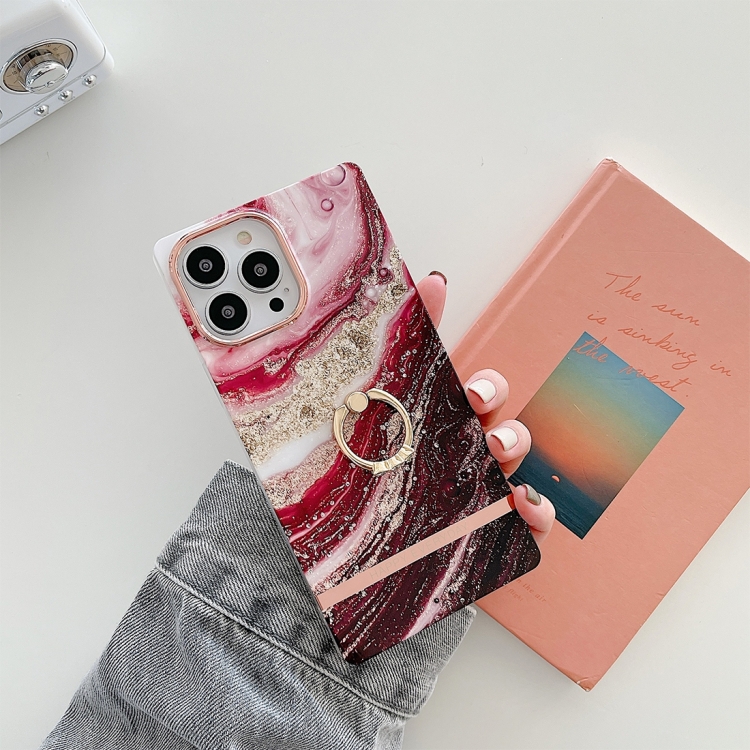 

For iPhone 14 Plus Square Plating Gold Edge Phone Case with Ring Holder(Gold Red Gilt)