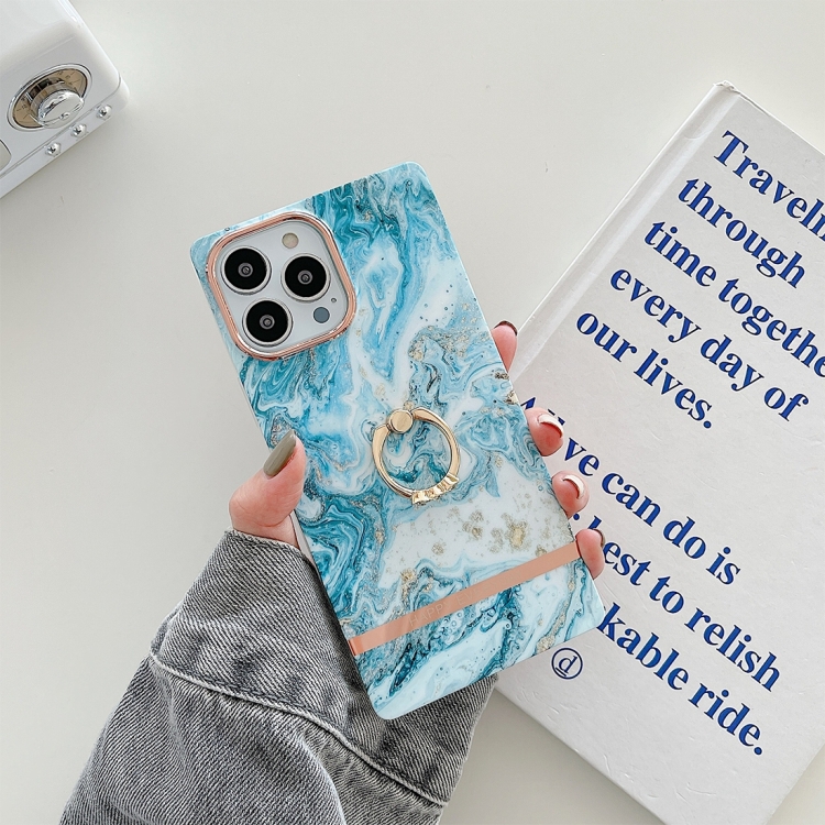 

For iPhone 14 Pro Max Square Plating Gold Edge Phone Case with Ring Holder(White Blue Gold)