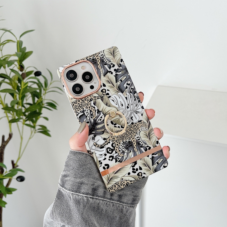 

For iPhone 14 Pro Square Plating Gold Edge Phone Case with Ring Holder(Jungle Leopard)
