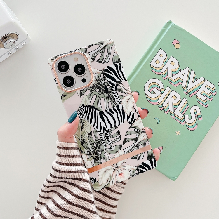 

For iPhone 14 Square Plating Gold Edge Phone Case(Jungle Zebra)
