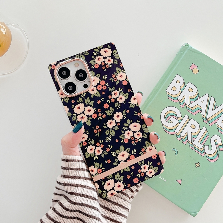 

For iPhone 14 Pro Square Plating Gold Edge Phone Case(Black Yellow Flower)