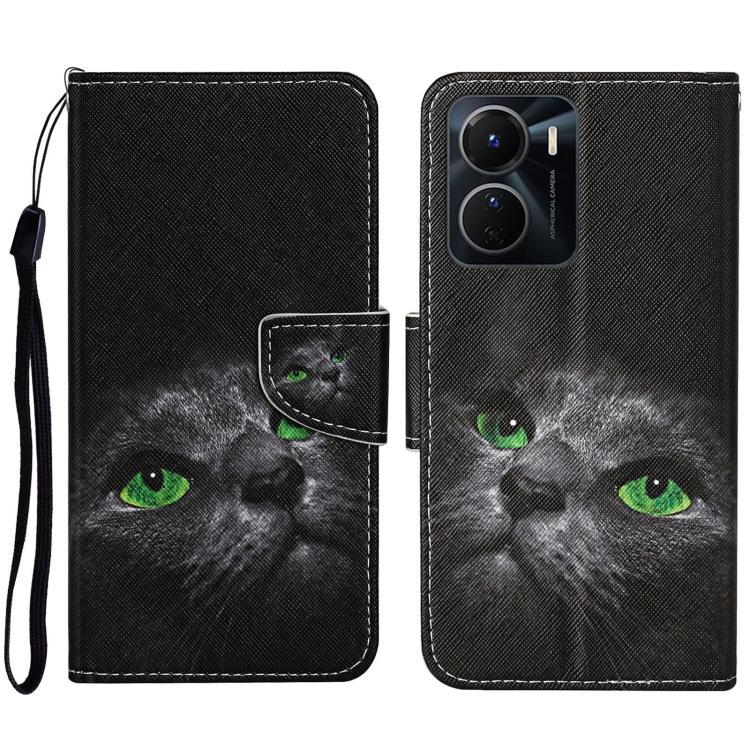 

For vivo Y16 Colored Drawing Pattern Leather Phone Case(Black Cat)