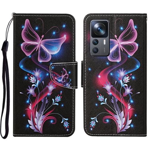 

For Xiaomi 12T / 12T Pro / Redmi K50 Ultra Colored Drawing Pattern Leather Phone Case(Fluorescent Butterfly)