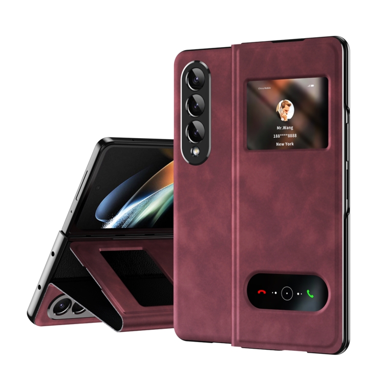 

For Samsung Galaxy Z Fold4 Mature Window View Flip Leather Phone Case(Red Nappa)