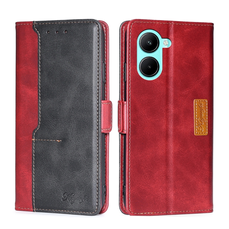 

For Realme C33 4G Contrast Color Side Buckle Leather Phone Case(Red+Black)