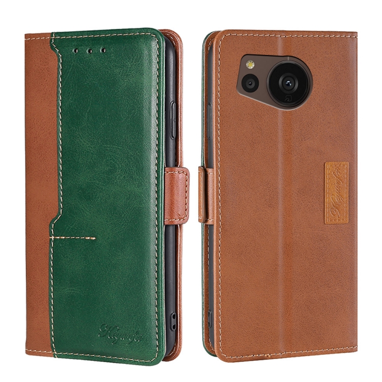 

For Sharp Aquos sense7 Plus Contrast Color Side Buckle Leather Phone Case(Light Brown+Green)