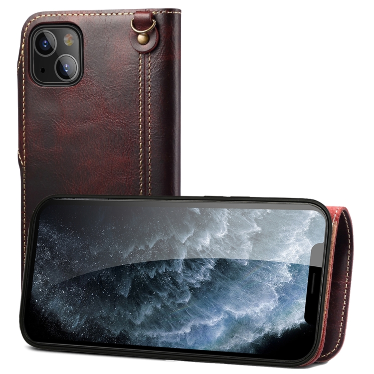 

For iPhone 14 Plus Denior Oil Wax Cowhide Magnetic Button Genuine Leather Case(Dark Red)