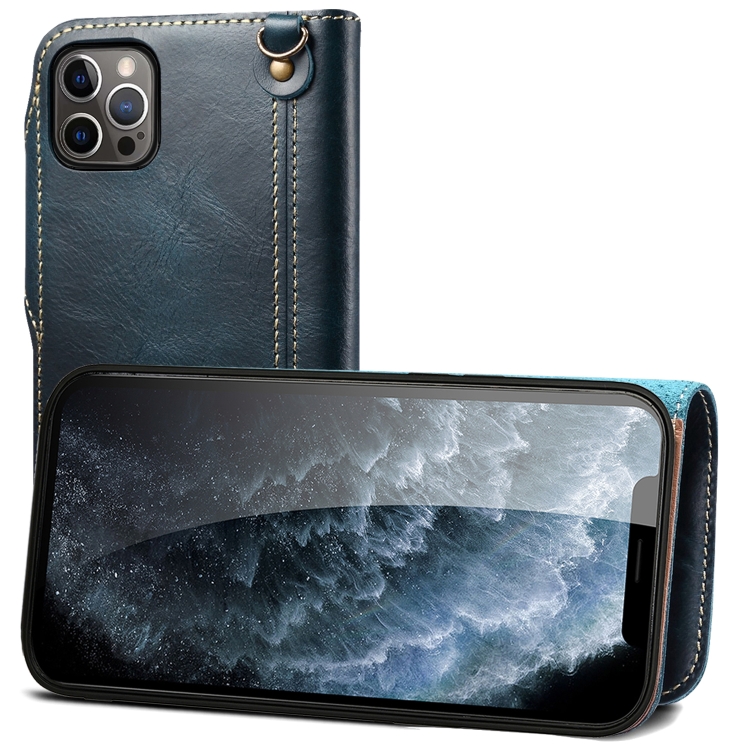 

For iPhone 13 Pro Denior Oil Wax Cowhide Magnetic Button Genuine Leather Case(Dark Blue)