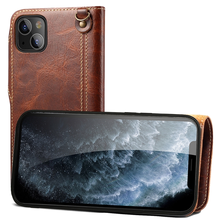 

For iPhone 13 Denior Oil Wax Cowhide Magnetic Button Genuine Leather Case(Brown)