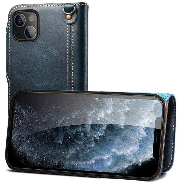 

For iPhone 13 mini Denior Oil Wax Cowhide Magnetic Button Genuine Leather Case(Dark Blue)