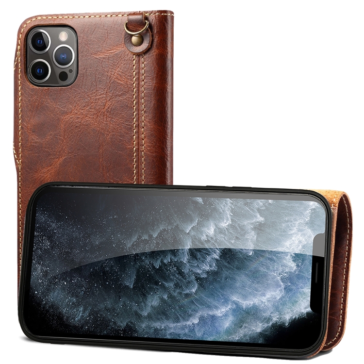 

For iPhone 12 / 12 Pro Denior Oil Wax Cowhide Magnetic Button Genuine Leather Case(Brown)