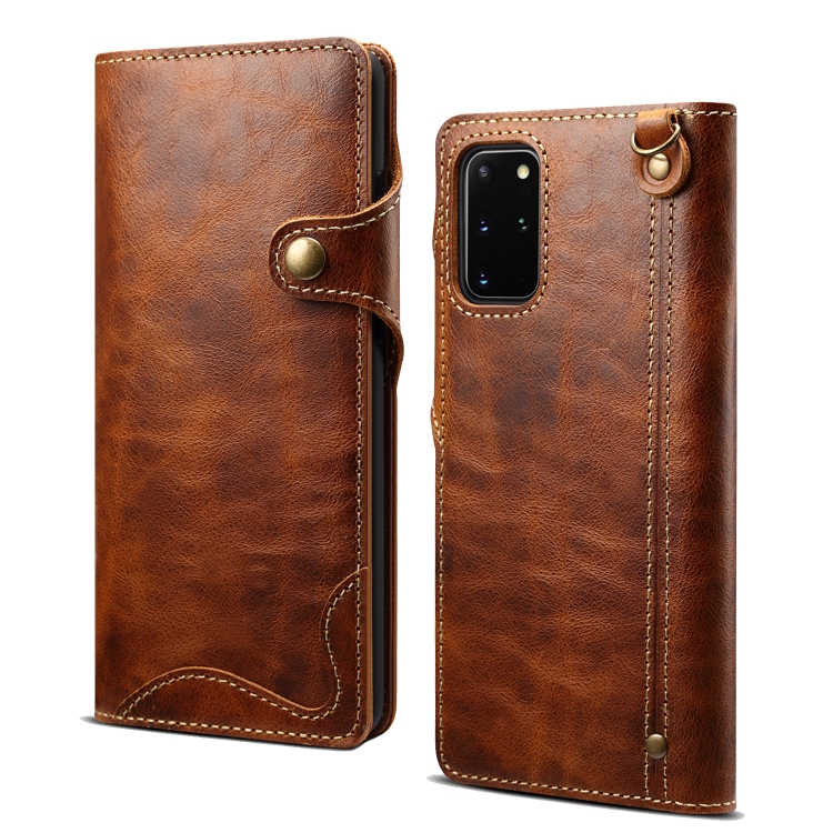 

For Samsung Galaxy S20 Ultra Denior Oil Wax Cowhide Magnetic Button Genuine Leather Case(Brown)
