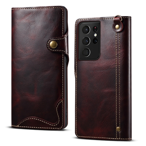 

For Samsung Galaxy S21 Ultra 5G Denior Oil Wax Cowhide Magnetic Button Genuine Leather Case(Dark Red)