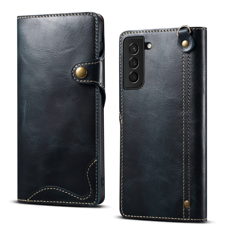 

For Samsung Galaxy S22 5G Denior Oil Wax Cowhide Magnetic Button Genuine Leather Case(Dark Blue)
