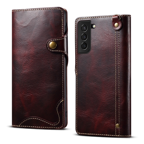 For Samsung Galaxy S22 5G Denior Oil Wax Cowhide Magnetic Button Genuine Leather Case(Dark Red)