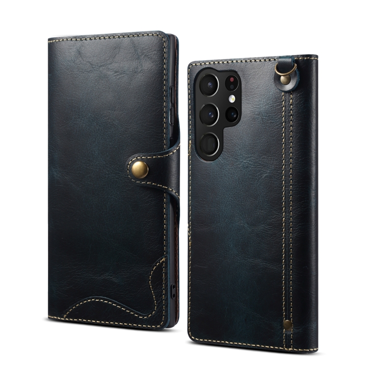 

For Samsung Galaxy S22 Ultra 5G Denior Oil Wax Cowhide Magnetic Button Genuine Leather Case(Dark Blue)