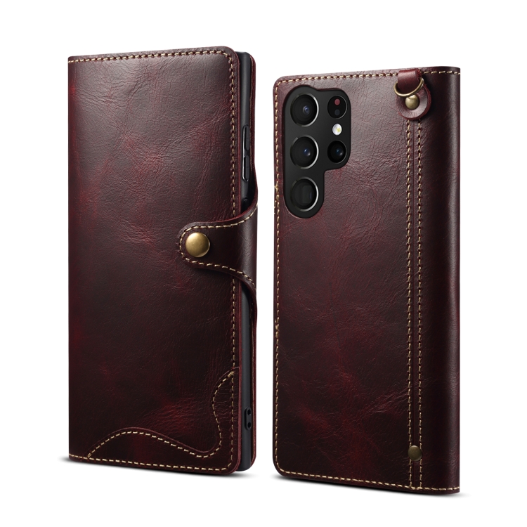 

For Samsung Galaxy S22 Ultra 5G Denior Oil Wax Cowhide Magnetic Button Genuine Leather Case(Dark Red)