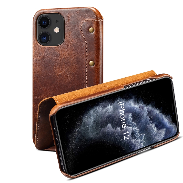 

For iPhone 12 mini Denior Oil Wax Top Layer Cowhide Simple Flip Leather Case(Brown)