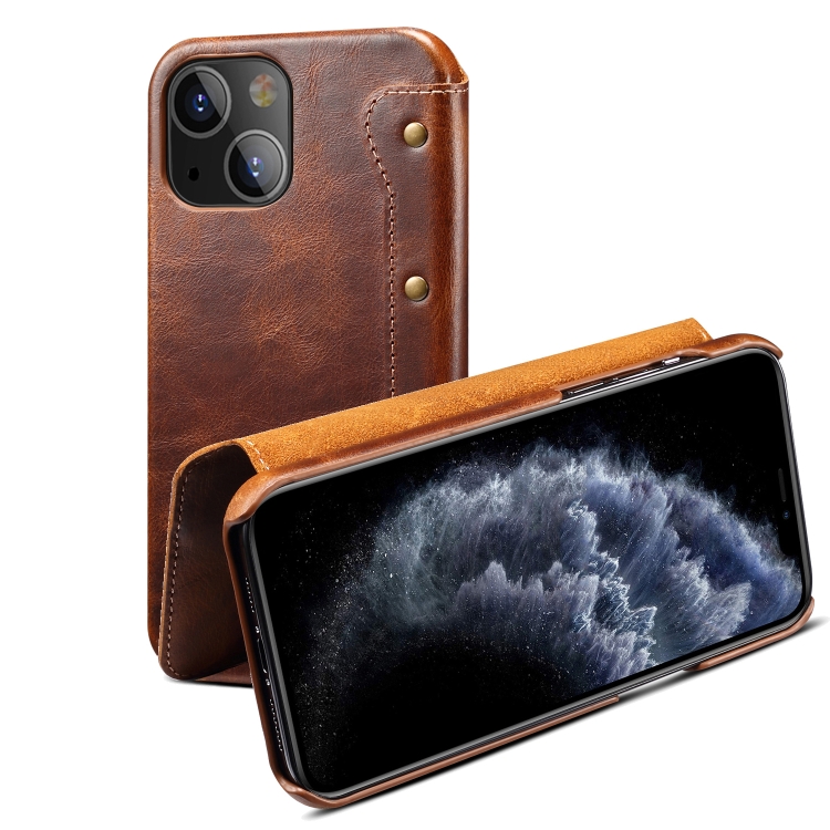 

For iPhone 13 Denior Oil Wax Top Layer Cowhide Simple Flip Leather Case(Brown)