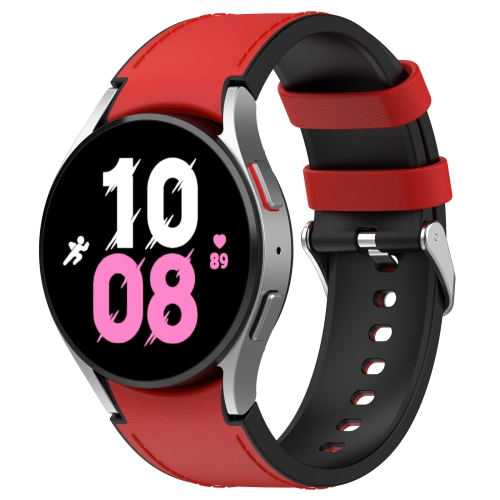 For Samsung Galaxy Watch5 44mm 40mm Silicone Leather Silver Buckle Watch Band Size L Red