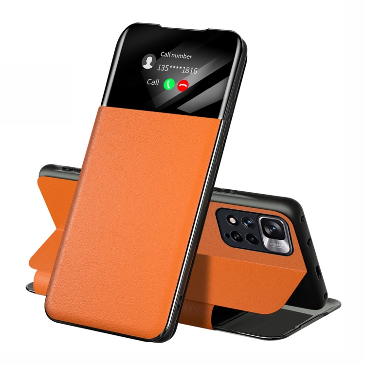 

For Xiaomi Redmi Note 11S / Note 11 2022 Side Display Adsorption Leather Phone Case(Orange)
