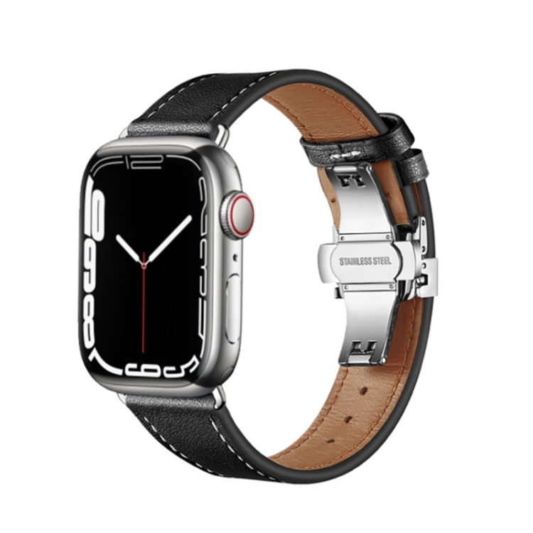 

Butterfly Buckle Genuine Leather Watch Band For Apple Watch Ultra 49mm / Series 8&7 45mm / SE 2&6&SE&5&4 44mm / 3&2&1 42mm(Brown+Silver Buckle)