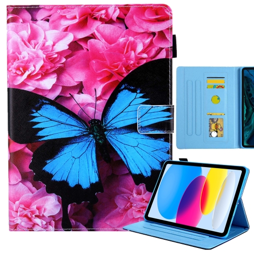 

For iPad 10th Gen 10.9 2022 Colored Drawing Leather Smart Tablet Case(Red Flower Blue Butterfly)