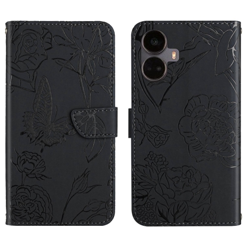 

For Realme 10 Pro+ HT03 Skin Feel Butterfly Embossed Flip Leather Phone Case(Black)