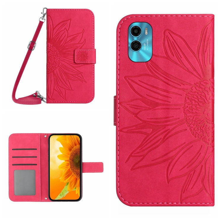 

For Motorola Moto E22s Skin Feel Sun Flower Pattern Flip Leather Phone Case with Lanyard(Rose Red)