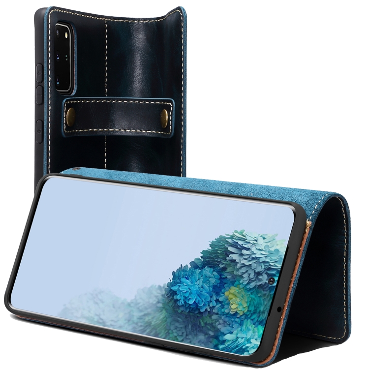 

For Samsung Galaxy S20 Ultra Denior Oil Wax Cowhide DK Magnetic Button Leather Phone Case(Dark Blue)